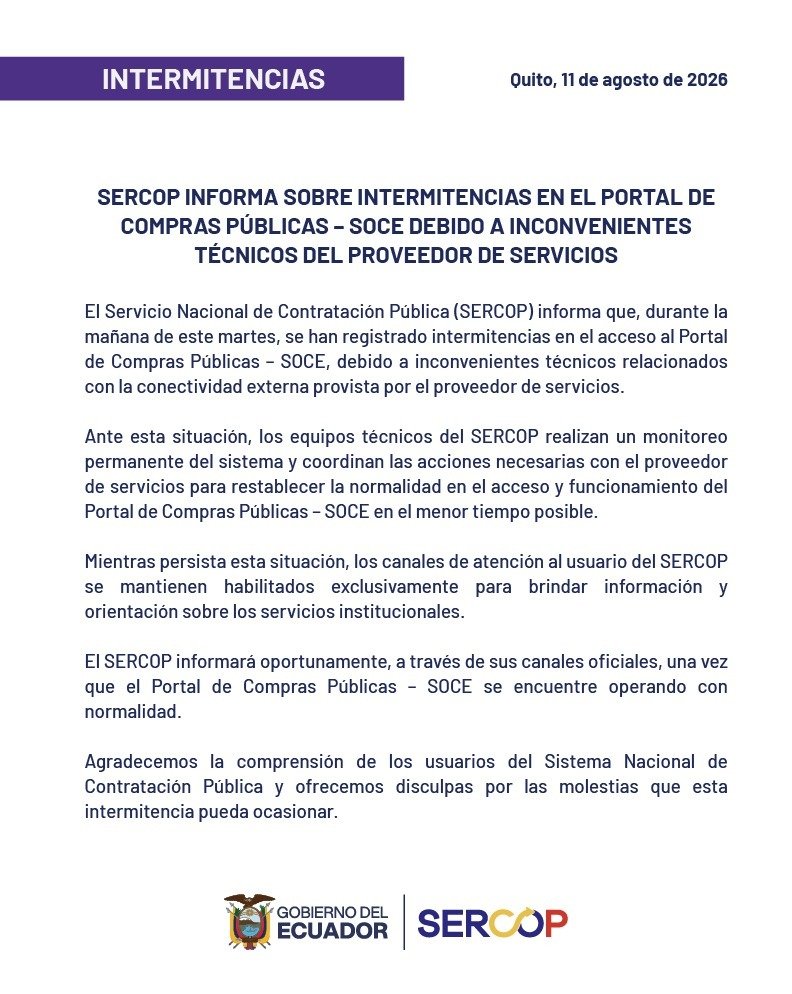 SERCOPec's tweet photo. SERCOP informa sobre intermitencias en el Portal de Compras Públicas – SOCE debido a inconvenientes técnicos del proveedor de servicios 👇 https://t.co/QHp0DixUW6