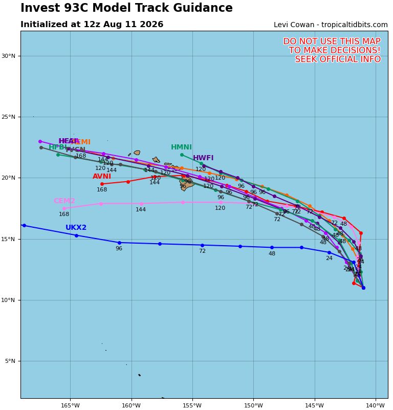 TropicalTidbits's tweet photo. Invest #93C remains a large and disorganized system, consisting of an elongated SW-NE trough segment with an area of stronger rotation and convection at its northeastern cusp. Models remain in good agreement that this area will ultimately coalesce into a tropical storm over the next couple of days and move towards #Hawaii, but the exact track remains uncertain. In this type of scenario, models tend to struggle with the details of where and when such a broad/unstable trough will consolidate. Once a storm does form, that "launching point" will mostly determine where the storm tracks relative to #Hawaii. The majority of models today do show impacts to the state.
Environmental conditions will likely favor some intensification once 93C becomes a tropical cyclone, with the ultimate peak intensity depending on the time of formation, its track relative to the Hawaiian Islands and their tall topography, and the storm's interaction with an upper-level trough pinching off north of Hawaii. These details will begin to come into focus once a vortex consolidates. For now, it's best to prepare for a potential storm event throughout Hawaii, likely occurring during this weekend.