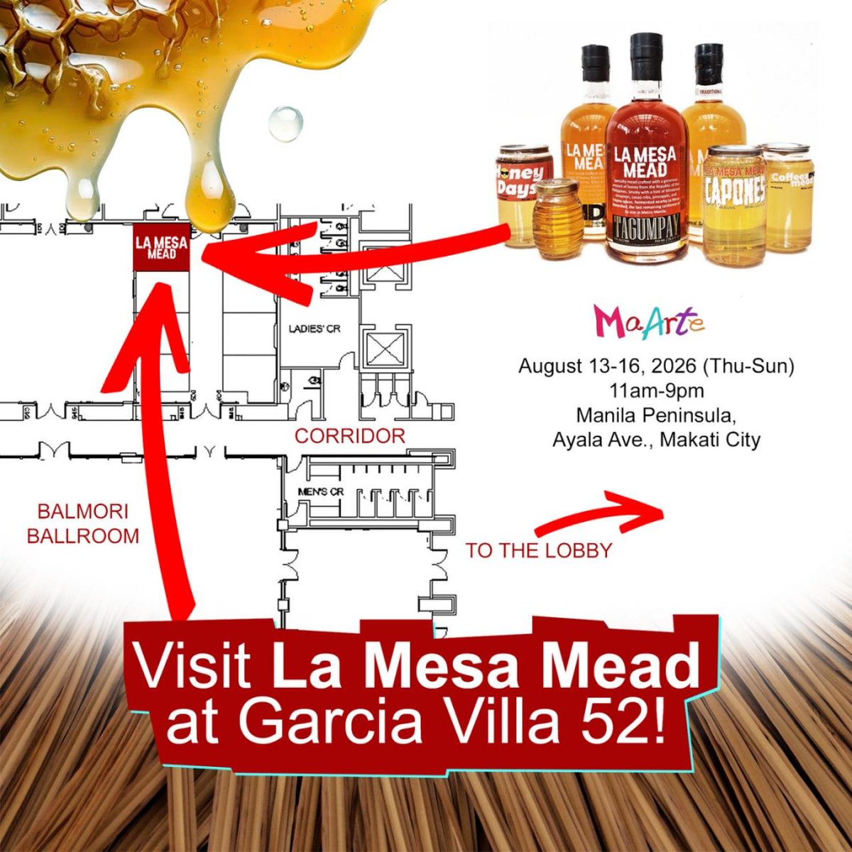 lamesamead's tweet photo. We use our honey harvest to make alcoholic mead. Mead is an alcoholic drink created by fermenting honey.
 
MaArte Fair 2026
August 13-16, 2026 (Thu-Sun)
11am-9pm
Manila Peninsula, Makati City

See you at Garcia Villa Booth 52!

For 18+ Only. Drink Responsibly! https://t.co/ad1uywHtCK