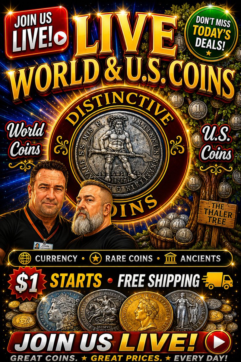 DistinctiveCoin's tweet photo. Distinctive Coins U.S. & World Coin & Currency Show Today! 11:00am - 3:30pm CST
https://t.co/0GXlds8ukP
Join Distinctive Coins Live! Explore world & U.S. Coins, rare currency, and collectibles. Bid, buy, and discover the treasures with fellow collectors in real time. FREE SHIPPING!!