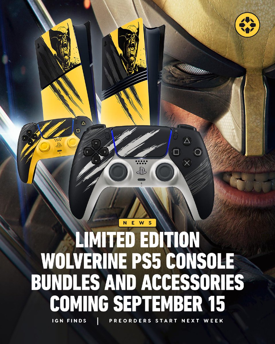 IGNDeals's tweet photo. Bunch of limited-edition PS5 Wolverine stuff going up for preorder August 19 at 7:00 am PT in the US and 10 am local time across Europe. Digital console bundle, 2 DualSense controller variants (Battle Yellow Limited Edition and Adamantium Limited Edition), and console covers in the same colorways for both the Pro and Digitial Slim.