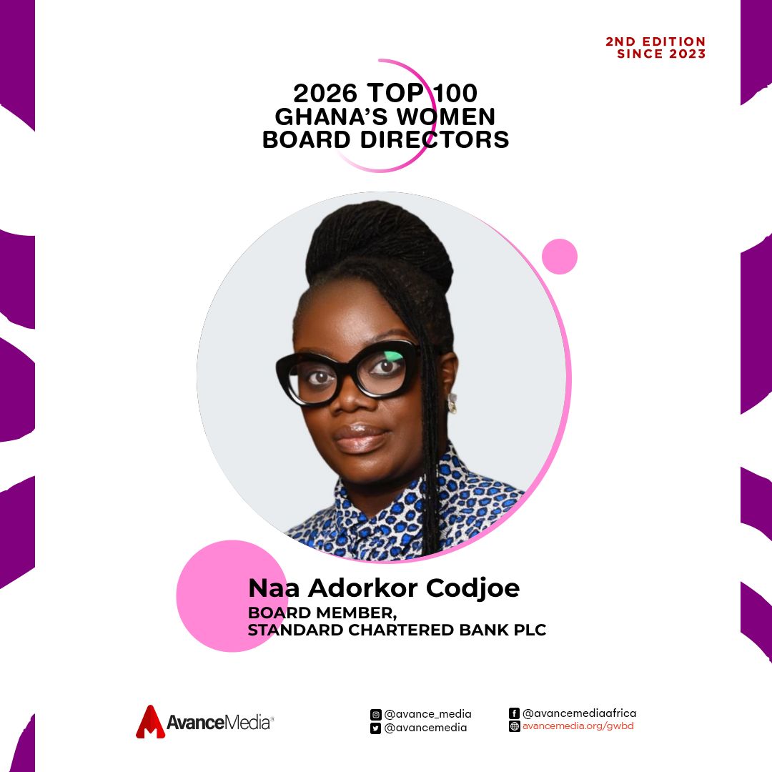 avancemedia's tweet photo. Top 100 Ghana's Women Board Directors 2026

Naa Adorkor Codjoe is recognised among Avance Media Africa's Top 100 Ghana's Women Board Directors 2026 for her outstanding contribution to corporate governance as Board Member of Standard Chartered Bank Ghana PLC.

cc: @StanChartGH

More information: https://t.co/FUSw3QyuKi

#AvanceMedia #Top100GWBD #CorporateGovernance #WomenOnBoards #BoardDiversity #Ghana
