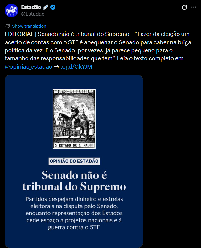 leandroruschel's tweet photo. O Estadão, assim como o resto da militância de redação nacional formam o PRINCIPAL mecanismo de repressão do regime autoritário brasileiro.

São eles que sistematicamente JUSTIFICAM a censura e a perseguição política, e agora operam contra o único mecanismo de correção disponível contra a transformação do Supremo num órgão de repressão política.

Além de tudo, MENTEM!

A direita não faz "guerra contra o Supremo", mas sim busca resgatar o Supremo da captura por agentes totalitários.

O Estadão é apenas mais um agente de propaganda do regime.