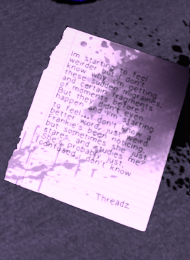 Magicshowz's tweet photo. The threadz note is making me wonder if she’s starting to regain memory some things or those are actually memories that didn’t happen, I don’t really have much info on funhouse lore in general other than the clone memory stuff so I definitely need corrections on- 1/2 https://t.co/QmMcTEwi9B