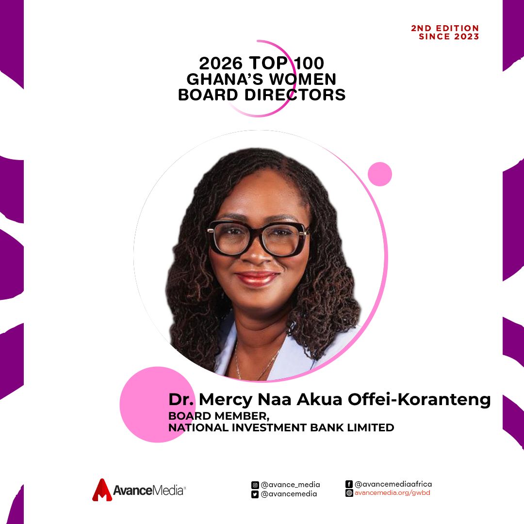 avancemedia's tweet photo. Top 100 Ghana's Women Board Directors 2026

Dr. Mercy Naa Akua Offei-Koranteng is recognised among Avance Media Africa's Top 100 Ghana's Women Board Directors 2026 for her outstanding contribution to corporate governance as Board Member of the National Investment Bank Limited.

cc: @NIBGhana

More information: https://t.co/FUSw3QyuKi

#AvanceMedia #Top100GWBD #CorporateGovernance #WomenOnBoards #BoardDiversity #Ghana