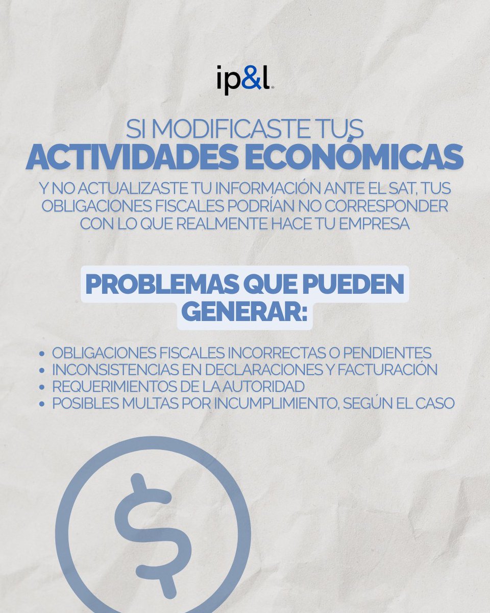 ipandl_mx's tweet photo. 📑 Tu empresa puede haber cambiado… pero ¿tu información ante el SAT también? 👀

Una nueva línea de negocio, comenzar a prestar otros servicios o dejar de realizar una actividad puede implicar actualizar tus actividades económicas y, en algunos casos, tus obligaciones fiscales https://t.co/ERCqqtCIjc