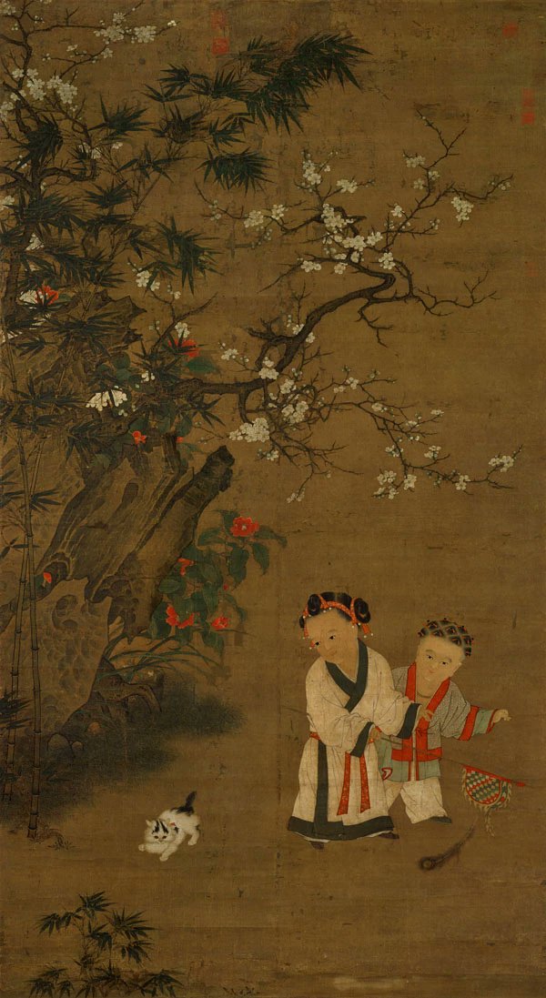 blackflagcrz's tweet photo. 子供と猫

北宋末宮廷画家、蘇漢臣（1094-1172）の作
子供達をいきいきと描いた人だが、ファッションとヘアスタイルにも注目したい
この時代服装規定があったんだけど子供達には適用されず、自由な子供服の表現が多く生まれた https://t.co/9PUZ2KOxvZ