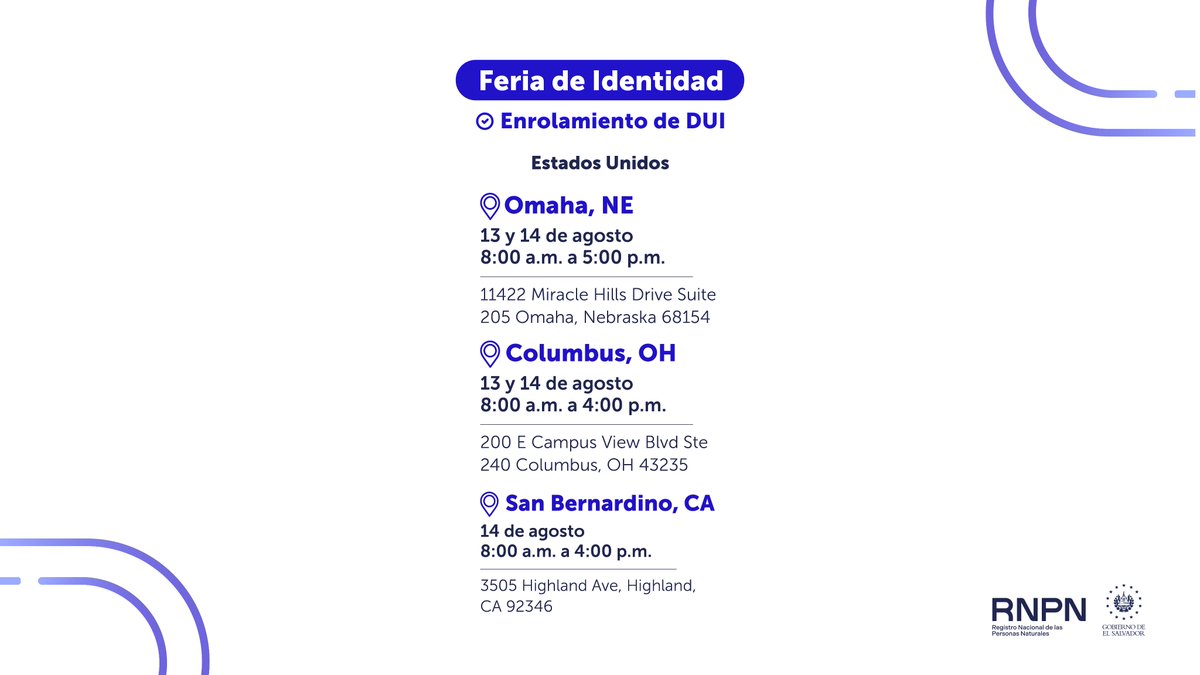 rnpn_sv's tweet photo. Te compartimos los horarios de nuestras próximas ferias de identidad para trámite de DUI que tendrán lugar en Estados Unidos, República Dominicana, México, Canadá y Guatemala: https://t.co/YjbcGeUOMY