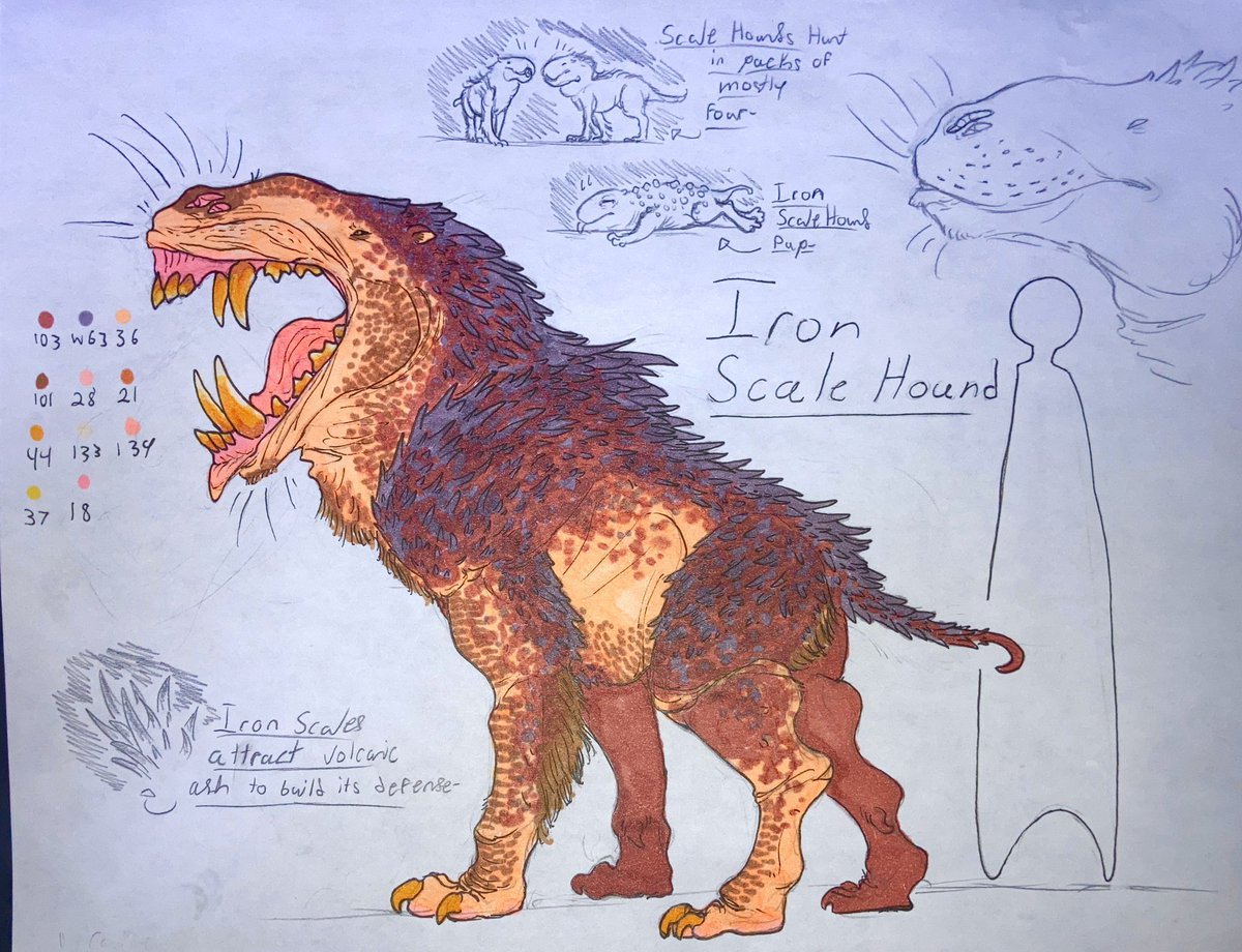 RYunggen's tweet photo. Day11: Canine 
#smaugustcircle

The Iron Scale Hound is a large canid that lives within the Hellish Valley. These canines run in packs of four, working together to take down prey. The modified hairs are used to attract volcanic dust build and modify their coating of iron scales. https://t.co/JRNegDHPIE