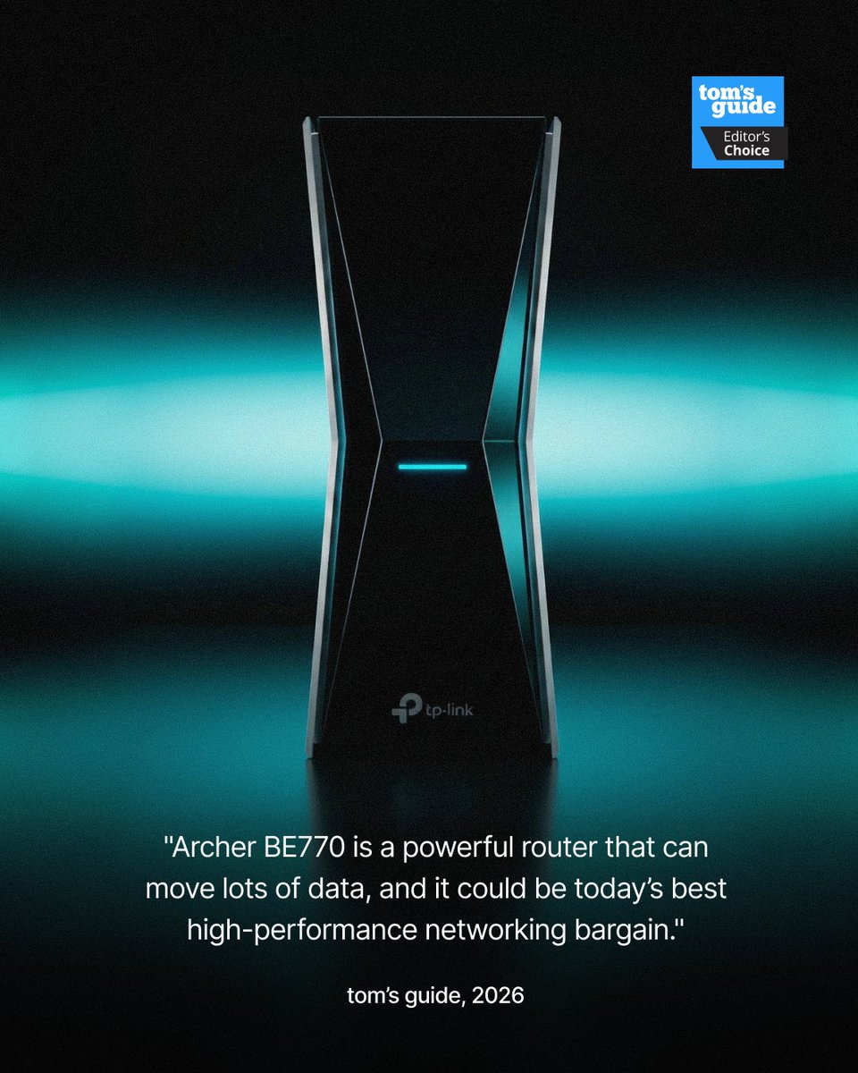 TPLINKUS's tweet photo. Tom’s Guide just awarded the Archer BE770 Editor’s Choice 🏆
Top-tier Wi-Fi 7 speeds. Bargain price. That’s the BE770 😎

⚡ Wi-Fi 7 speeds that perform
🛜 10Gbps ports for direct connections
📶 130 ft of range for your whole home
💰 Big performance with a small price tag

Learn more: https://t.co/PFshLJz9Iz 🔗

#archer #wifi7 #WifiRouter #tomsguide #HomeNetworking