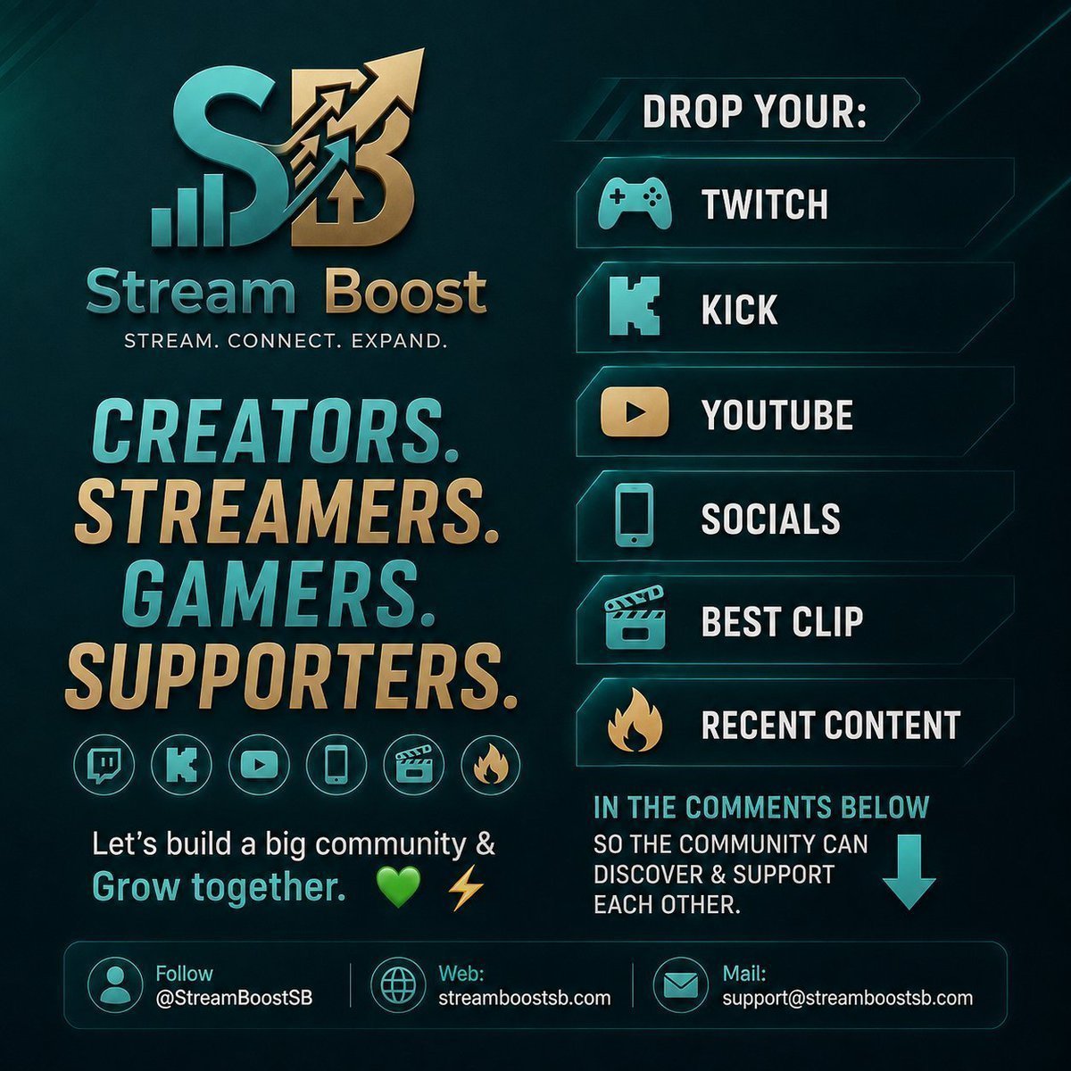 StreamBoostSB's tweet photo. Hello,
Creators. Streamers. Gamers. Supporters.

Drop your:
🎮 Twitch
🌳 Kick
📺 YouTube
📱 Socials
🎥 Best clip
🔥 Recent content

in the comments below so the community can discover & support each other. 👇

Let’s build a big community & Grow together. 💚⚡

Follow @StreamBoostSB
Web: https://t.co/kwcXFgIiDV
Mail: support@streamboostsb.com