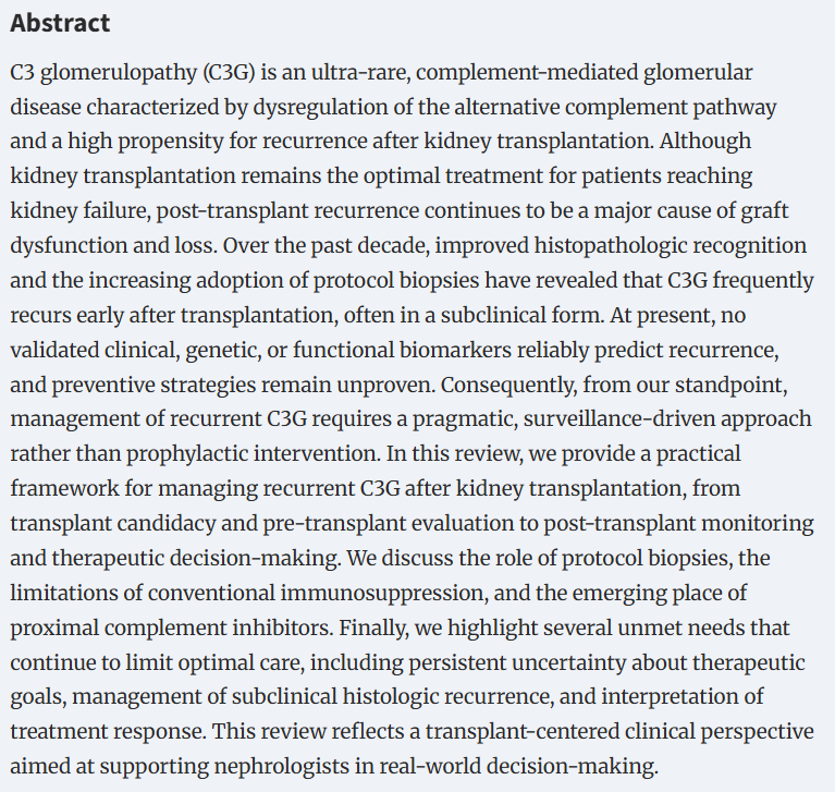 NDTsocial's tweet photo. 📢NEW publication by the @ERAkidney Immunonephrology Working Group:

Management of Recurrent C3 Glomerulopathy After Kidney Transplantation

🔓https://t.co/foSAzk1epQ https://t.co/kjjSssgOcx