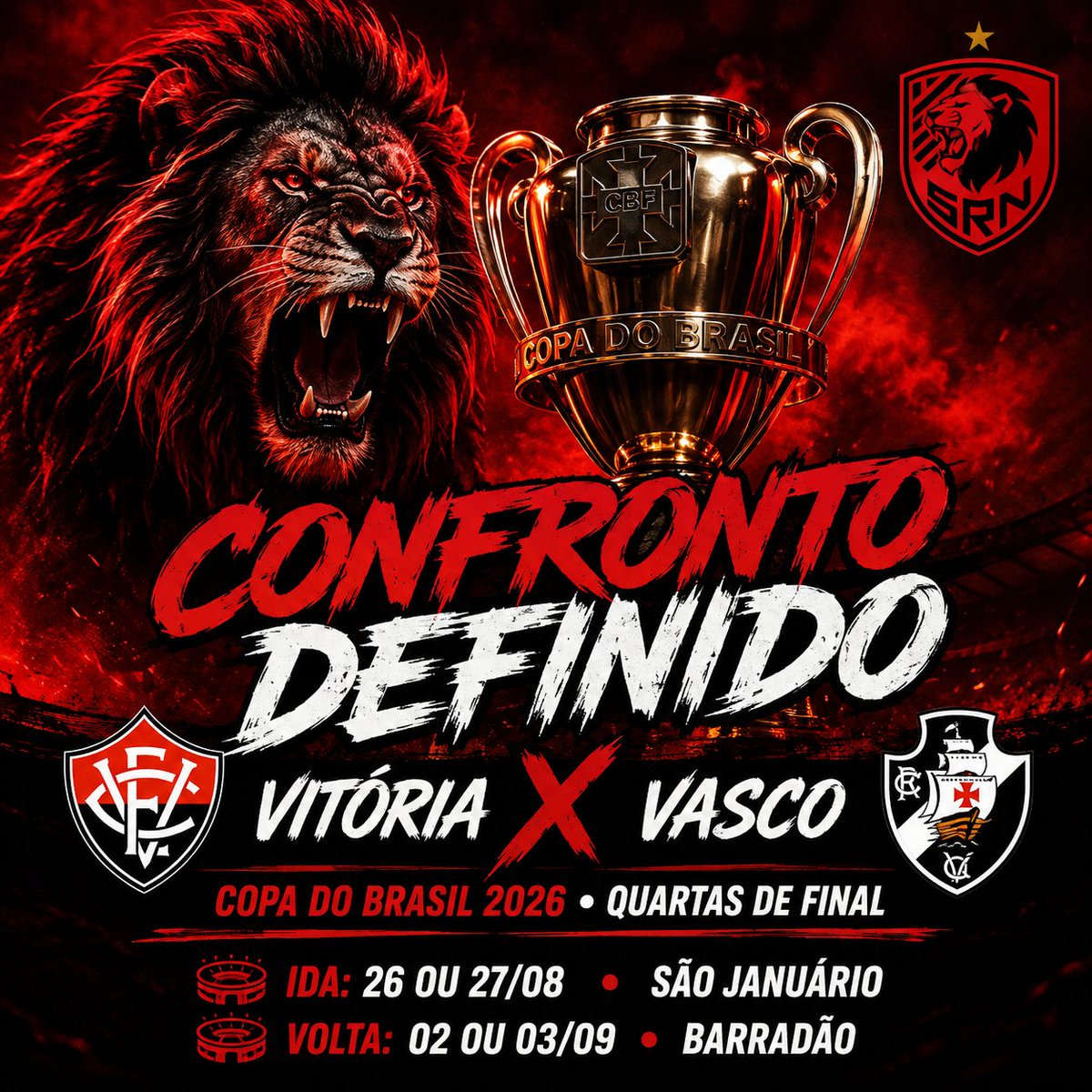 SRNcolossal's tweet photo. CONFRONTO DEFINIDO! 🦁💢

O @ECVitoria irá enfrentar o @VascodaGama pelas quartas de final da @CopaDoBrasilCBF e decidirá o jogo de volta no Barradão.

Sorteio foi realizado na manhã desta terça-feira (11), na sede da CBF.

📝🎨: @davidribeirofm 

#SangueRubroECV #PegaLeão #ECV https://t.co/YFgLNKDQX1