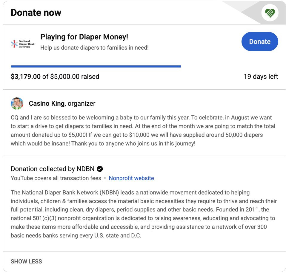 RealCasinoKing's tweet photo. This is super cool. My wife and I are expecting a baby in October and many of our subscribers have been asking if they could send us baby gifts. We said no but decided to start a diaper drive on YouTube to see if people would donate to families in need. So far it's over $3000! https://t.co/fovD9HxMHv