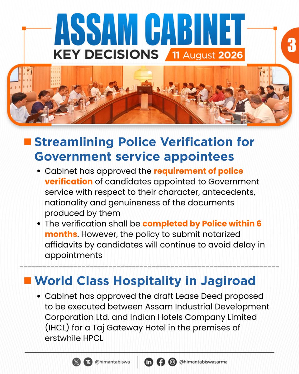 himantabiswa's tweet photo. In today's meeting of #AssamCabinet, we took a host of decisions

1️⃣ Continuation of Jibon Prerana Asoni
2️⃣Revised support structure for CM FLIGHT
3️⃣Relaxation of Moran &amp; Matak communities from Aadhar enrolment ban
4️⃣₹450cr towards BTR development
5️⃣₹2,100cr for Satellite City https://t.co/dZkTNTB5Hq