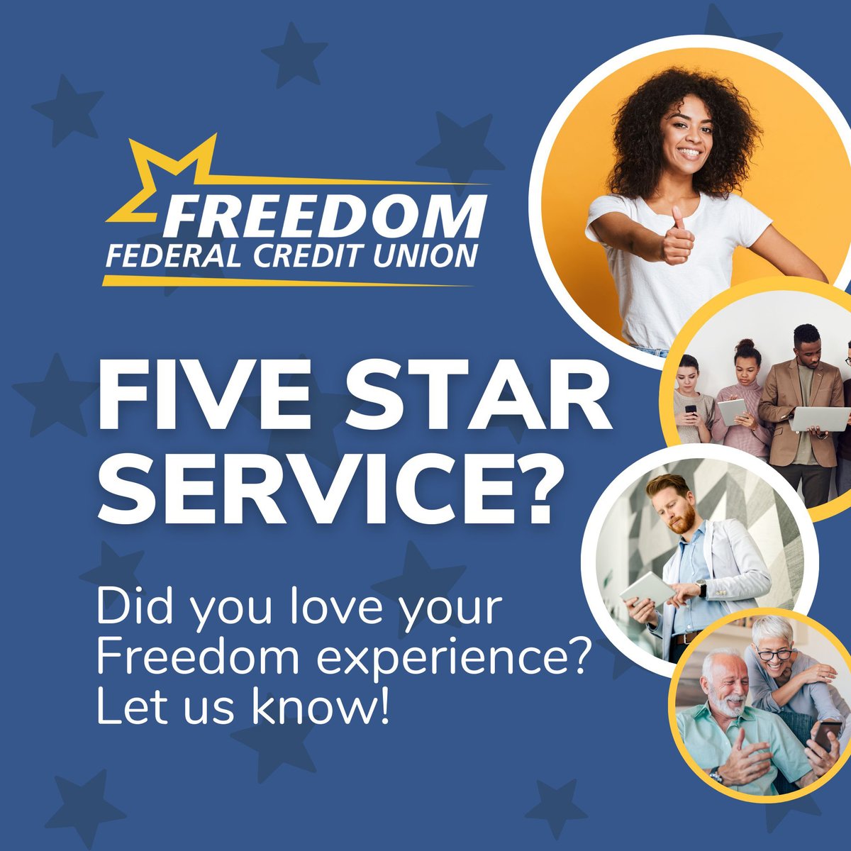FreedomFedCU's tweet photo. Your opinion helps us grow! 💙💛

Have you had a great experience with Freedom Federal Credit Union?

Take a moment to share your feedback and let us know how we’re doing.

Visit https://t.co/IMgA2ta5FK, choose your branch location, and leave a review.

#TheFreedomAdvantage https://t.co/zO8AKNSc90