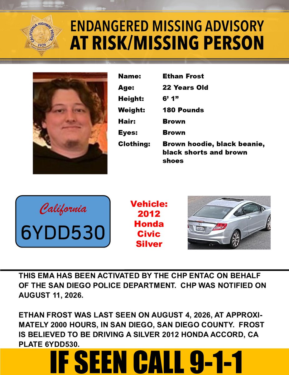 CHPAlerts's tweet photo. ENDANGERED MISSING ADVISORY - San Diego, Orange, Los Angeles, Ventura, Santa Barbara, San Luis Obispo, Monterey, Santa Cruz, Santa Clara, San Mateo, San Benito and Alameda Counties
Last seen: Camino De La Rosa and Via Fiesta, San Diego
@SanDiegoPD

IF SEEN https://t.co/wiCpMXGM9q