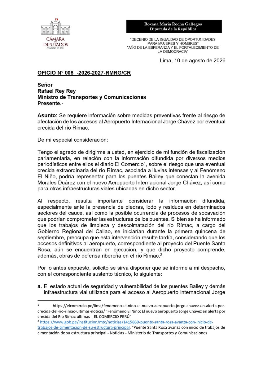 roxanarochag's tweet photo. Actuar de manera preventiva nos ayuda a evitar tragedias. Por ello, he solicitado al @MTC_GobPeru   tomar acciones inmediatas para evitar que una eventual crecida del río Rímac, asociada a lluvias intensas y al #FenómenoDelNiño, pueda comprometer la seguridad de los puentes Bailey como única vía de acceso terrestre al nuevo nuevo Aeropuerto Internacional #JorgeChávez. Estas acciones deben ser articuladas con la @ANAPeru, el @RegionCallaoPe y otras entidades competentes.
¡La vida y la salud de nuestra gente es prioridad!