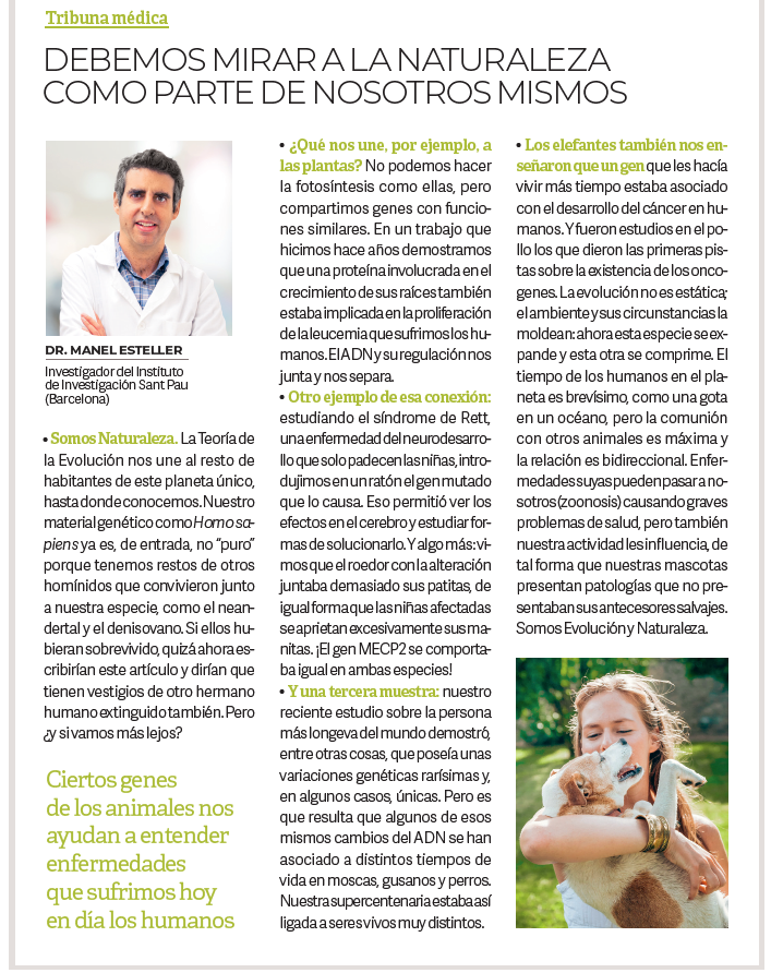 ManelEsteller's tweet photo. Mi artículo de Agosto en "Saber Vivir" @SaberVivir_Tv @CharoSierraV : 
De plantas, moscas, gusanos, ratones, perros, elefantes y .... humanos. Todos somos #Naturaleza https://t.co/za3OTDP4nw