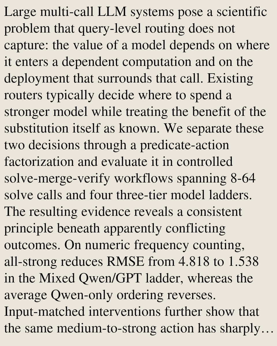 PIN's tweet photo. Beyond Tier Labels: Role- and Deployment-Dependent Model Substitution in Multi-Call LLM Workflows

Renxiang Wang, Jiaming Cui
https://t.co/dyxIVldVZ8 [𝚌𝚜.𝙼𝙰] https://t.co/UPYABk6lBl
