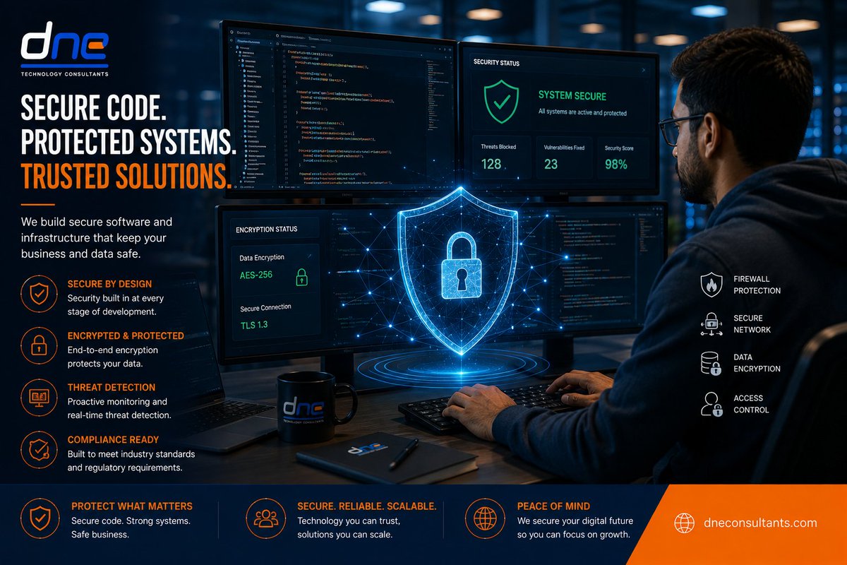 DNeConsultants's tweet photo. Security bolted on after launch is expensive and weak. We build it in from day one. #CyberSecurity https://t.co/B6QEojJhac https://t.co/Rr0ComPYhN
