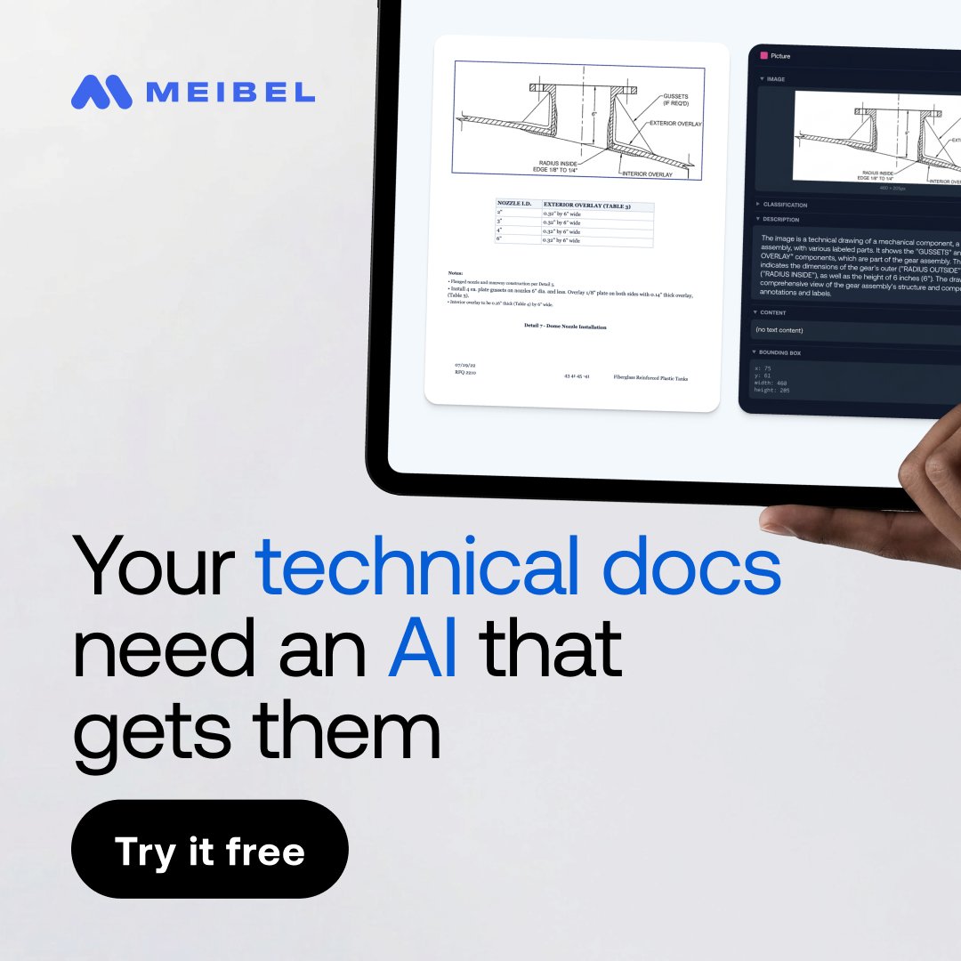 meibel_ai's tweet photo. Unfortunately, data comes in various shapes. Fortunately, Meibel can handle them all.

Handwriting, scanned pages, graphs, charts, tables, and blueprints. Moreover, Meibel can take your document automation further and build AI agents on top.

Now, you can simply sign up and test it.

On the free trial, run your files through the same pipeline that powers production: layout and table extraction, plain-language queries with grounded answers, precise numbers from extracted tables, and confidence scores on every field.

See it on your documents. Sign up free: https://t.co/kbhQwqjfqv