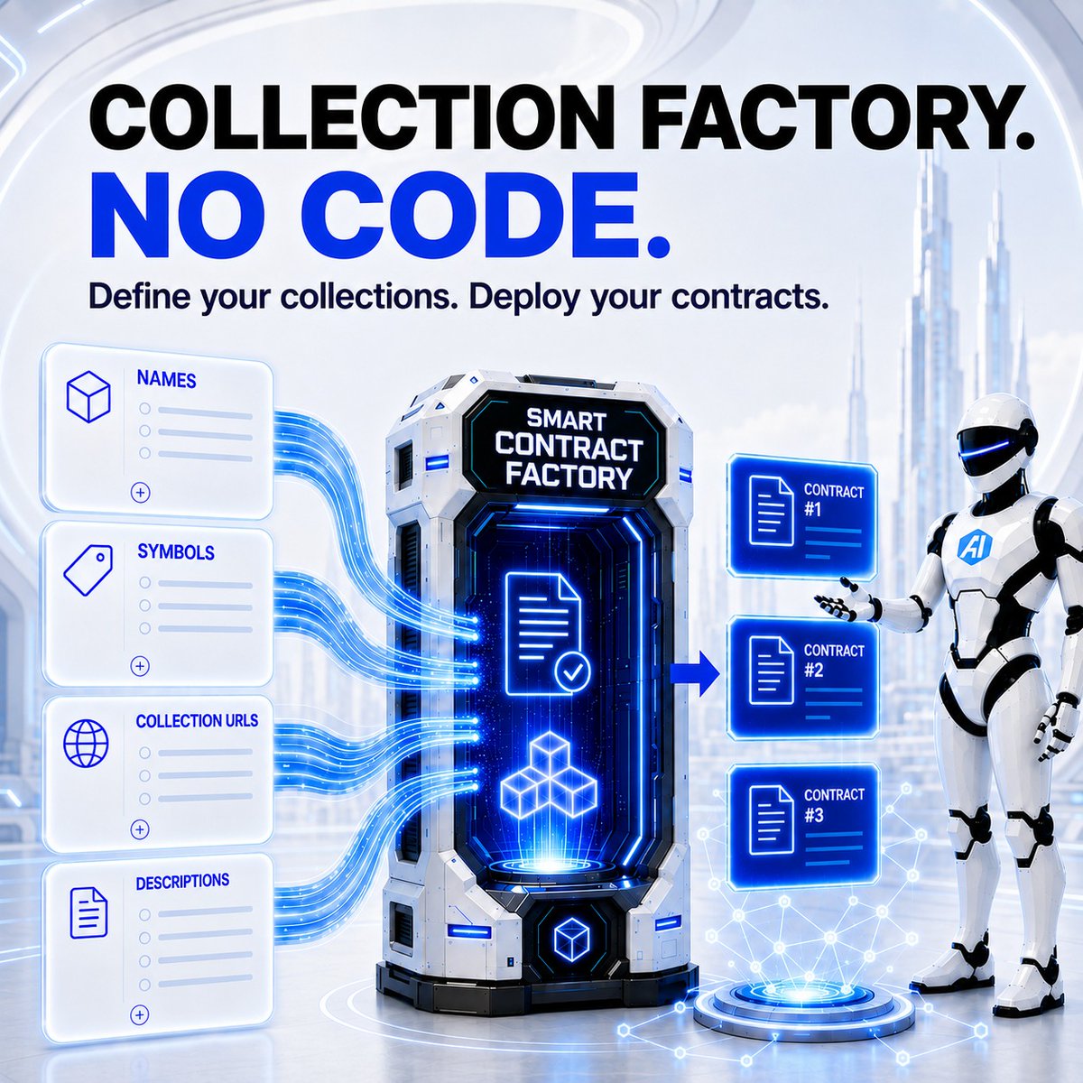 aitonftio's tweet photo. Contract Factory. No code.

Configure your collection, and deploy your smart contract on-chain through AItoNFT - without writing the contract code yourself.

Choose. Configure. Deploy.

#AItoNFT #Web3 #SmartContracts #Ethereum https://t.co/EZ7jUzYIXY