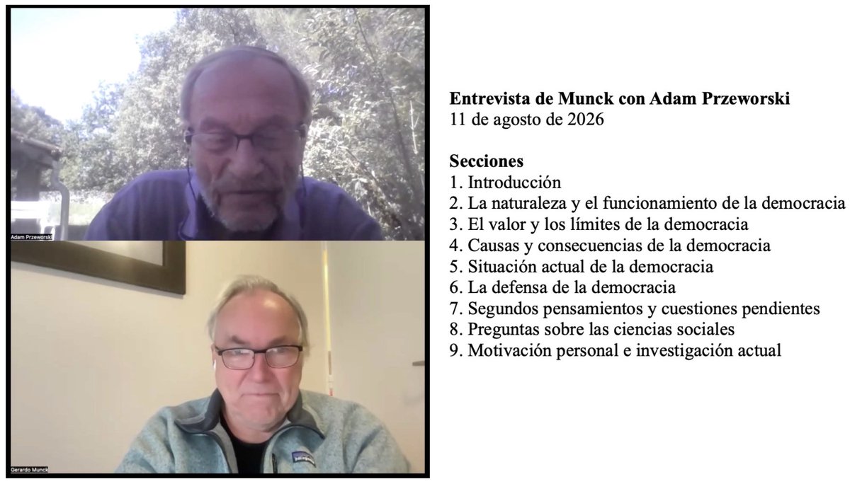 GerardoMunck's tweet photo. Acabo de terminar mi entrevista con Adam Przeworski, quien se encontraba en el campo en Francia.

Hablamos de diversos temas durante cuatro horas.👇

Algunos de los puntos que hizo Przeworski eran lo que esperaba; otros me sorprendieron.

La entrevista va a publicarse en español. https://t.co/SgevntsE9g