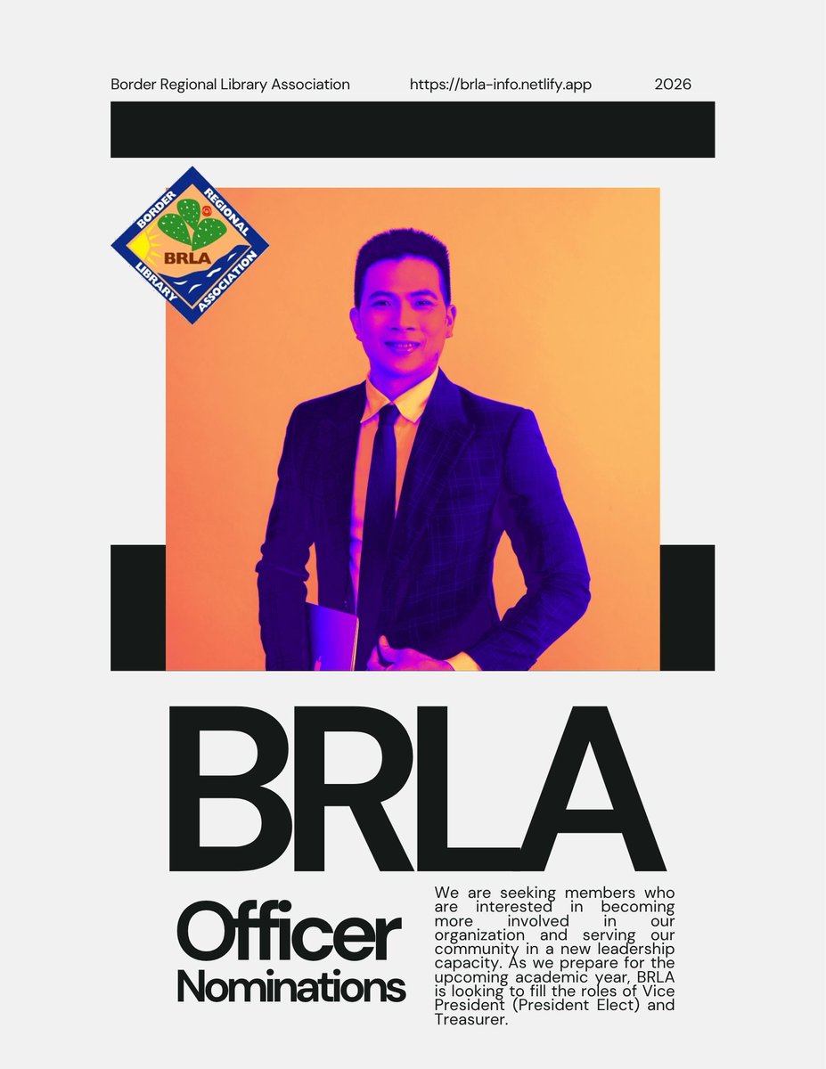 BorderLibrary's tweet photo. We are seeking members who are interested in filling in new leadership roles. BRLA is looking to fill the roles of Vice President (President Elect) and Treasurer.  If you are interested please reach out to Priscilla Basurto, Past BRLA President, at pmitche6@epcc.edu https://t.co/361sbW4lH0