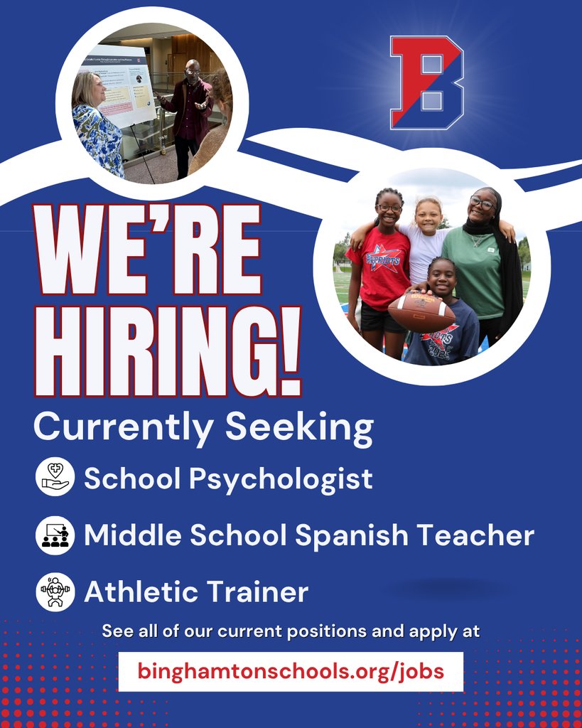 BinghamtonCSD's tweet photo. 💼  | Join our team! We are currently searching for a School Psychologist, a  Middle School Spanish Teacher, an Athletic Trainer, and more!

See all of our current opportunities here:
https://t.co/uES96a5eDD https://t.co/KccMqZjwTk