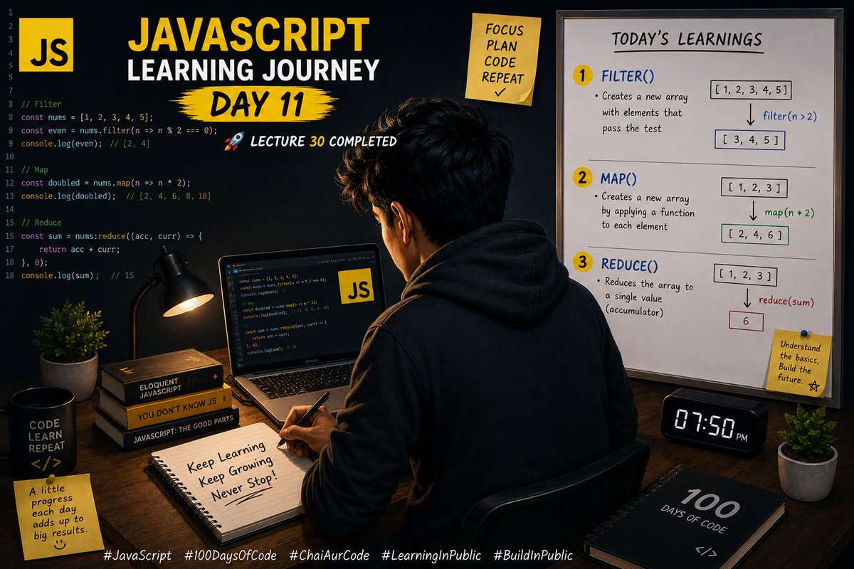 Avanishydvv's tweet photo. 🚀 Day 11 of learning JavaScript
Completed Lecture 30 from Chai aur Code.
Today I learned
🔹 filter() → select data
🔹 map() → transform data
🔹 reduce() → combine data into a single value
Understanding these array methods is making my JavaScript code cleaner and more readable https://t.co/nSmYNircxv