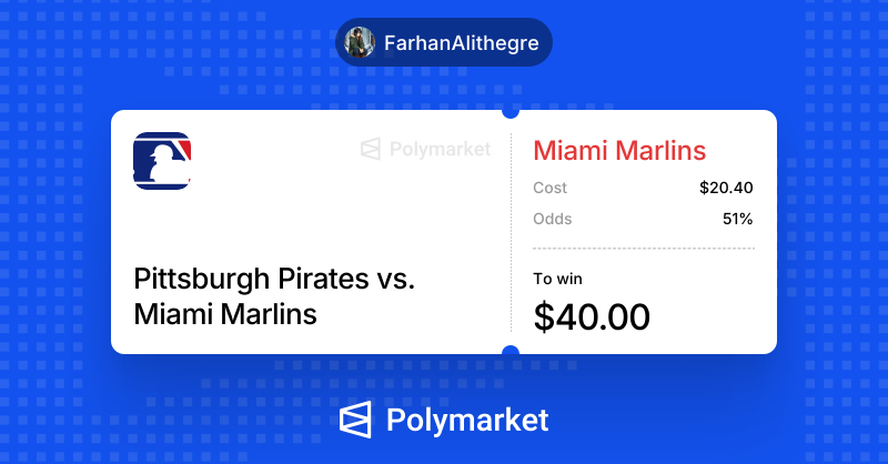 FarhanAlithegre's tweet photo. Let’s make some money on @Polymarket
⚾ Pittsburgh Pirates vs. Miami Marlins
📈 Marlins @ 51%
💵 $20.40 → $40.00 if they win
LET’S GO MARLINS! 🔥⚾
#Polymarket #MiamiMarlins #MLB #MLBBaseball #PredictionMarkets #SportsTrading #Crypto #Trading https://t.co/30p1vzS9fX