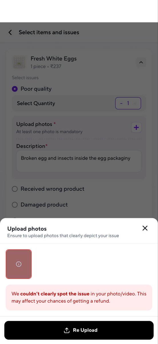 piyushruls's tweet photo. @zeptocares your AI chatbot can't spot the issue with broken eggs and flies inside the packaging and is not allowing me to raise complaint through the app. Please help. Order ID SMOVRMUWO26003 https://t.co/siUTDVoZZ3