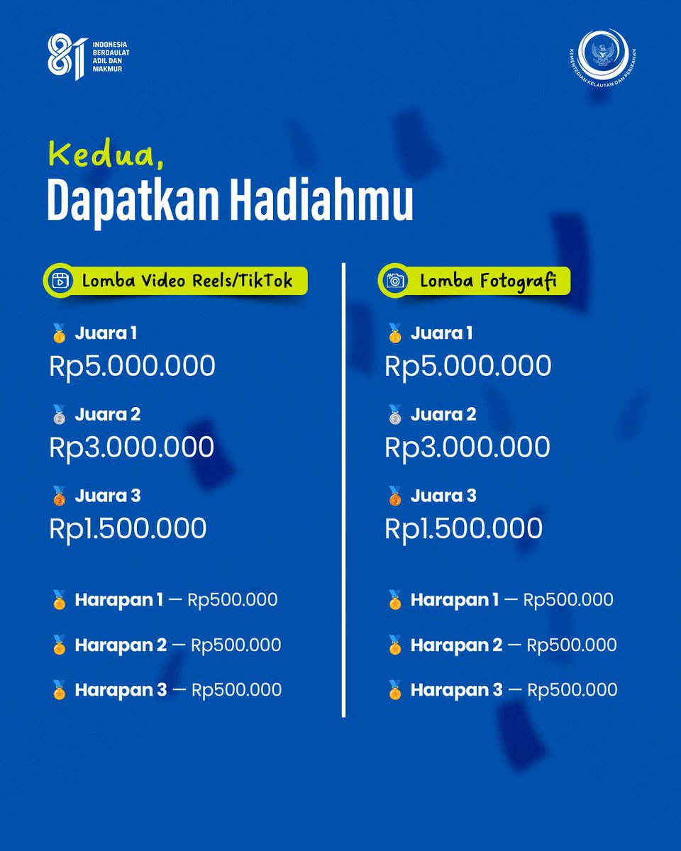 bppsdmpkpbitung's tweet photo. Yuk, ikutan lomba konten media sosial KKP "MERDEKA DI LAUT" dengan karya terbaikmu!
Kategori Lomba:
* 🎬 Lomba Video Reels / TikTok
* 📸 Lomba Fotografi
Total Hadia Puluhan Juta Rupiah! Geser Slides Ya untuk info lebih lanjut!
⏰ Batas Akhir Pengiriman Karya: 25 Agustus 2026 https://t.co/6CGwQ1ACiL