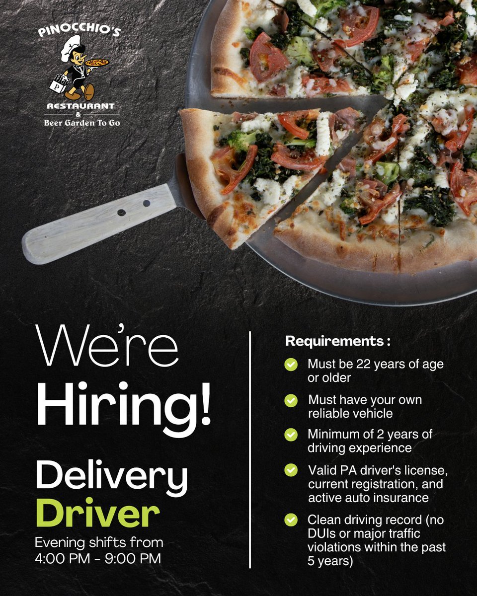 PinPizza's tweet photo. Join the team at Pinocchio's Restaurant 🍕🚗  

We are hiring for evening delivery driver shifts!  Tag someone who might be interested. 👇  

Apply here: https://t.co/zGj1whbTdP 

#DeliveryDriver #PinPizza #MediaPA https://t.co/rjAd1VMozj