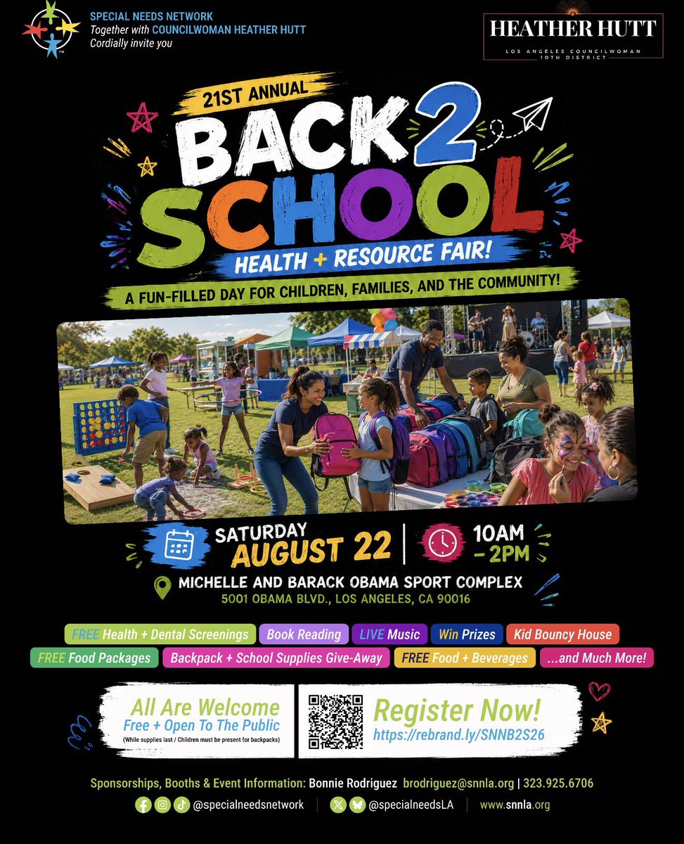 SpecialNeedsLA's tweet photo. 🎒 Back 2 School season is almost here, and we’re getting ready for a BIG day!

Special Needs Network, together with Councilwoman Heather Hutt, invites children, families, and the entire community to our 21st Annual Back 2 School Health + Resource Fair!

Come spend the day with us and enjoy FREE health and dental screenings, backpacks and school supplies, food packages, food and beverages, a book reading, live music, a kid bouncy house, prizes, family activities, and so much more! 🎉📚

📅 Saturday, August 22
⏰ 10 AM to 2 PM
📍 Michelle and Barack Obama Sports Complex
5001 Obama Blvd., Los Angeles, CA 90016

💙 FREE + open to the public. All are welcome!

Backpacks and supplies are available while supplies last, and children must be present to receive a backpack.

Register now using the link in our bio or scan the QR code on the flyer. Let’s send our kids back to school prepared, supported, and ready for an amazing year! ✏️🎒

#SpecialNeedsNetwork #Back2School #CommunityResources #LosAngelesFamilies #Back2School2026