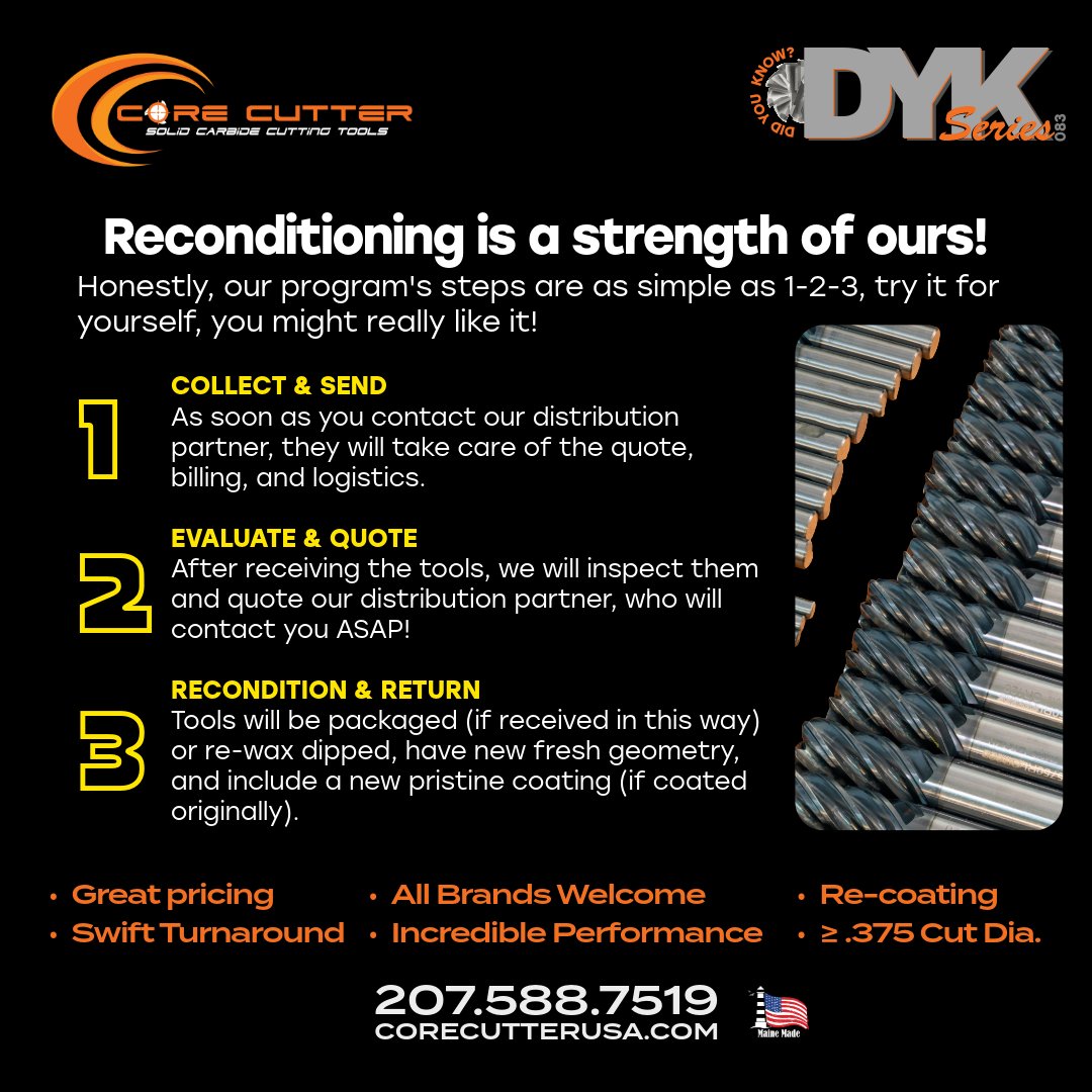 corecutterusa's tweet photo. RECONDITIONING/REGRINDING is something we do very well, and any brands are welcomed! Quite frankly, the most effective method of optimizing your return on investment is to regrind carbide tools. Give us a call and we can assist!
#solidcarbide #regrinding #cuttingtools https://t.co/eqnv6yk8iE