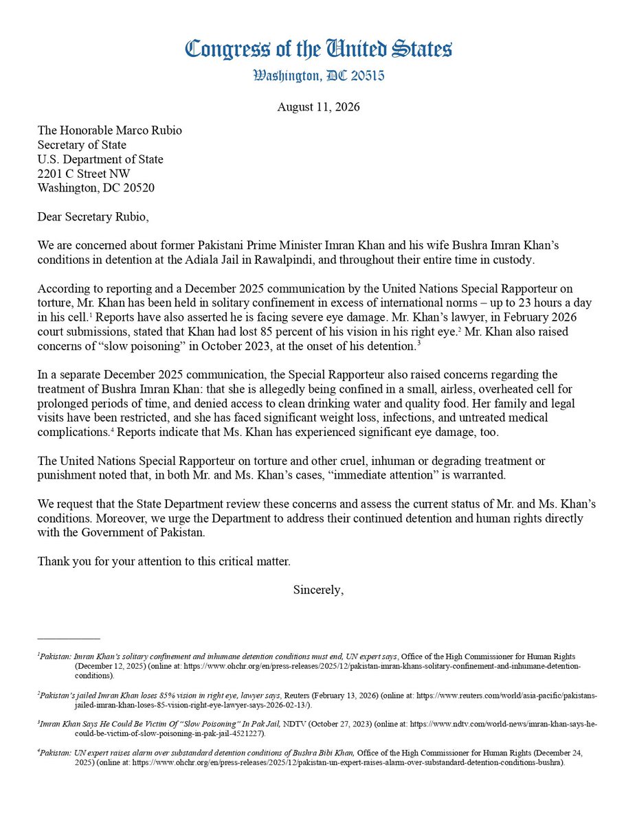 FaisalzUpdates's tweet photo. #BREAKING A US Congressional bipartisan group of U.S. lawmakers is urging Secretary of State @SecRubio to raise concerns with Pakistan over the detention conditions of former PM Imran Khan and Bushra Imran Khan and seek an independent assessment of their health, safety and well-being.

The congressional letter cites concerns raised by the UN Special Rapporteur on torture regarding @ImranKhanPTI reported solitary confinement and reports about deterioration in his eyesight. It also highlights UN concerns over Bushra Imran Khan’s detention conditions and access to medical care.

The lawmakers are calling for urgent, independent verification of the couple’s health and safety.

The bipartisan effort is being led by @RepSubramanyam.

@ImranKhanPTI @State_SCA @amnestyusa