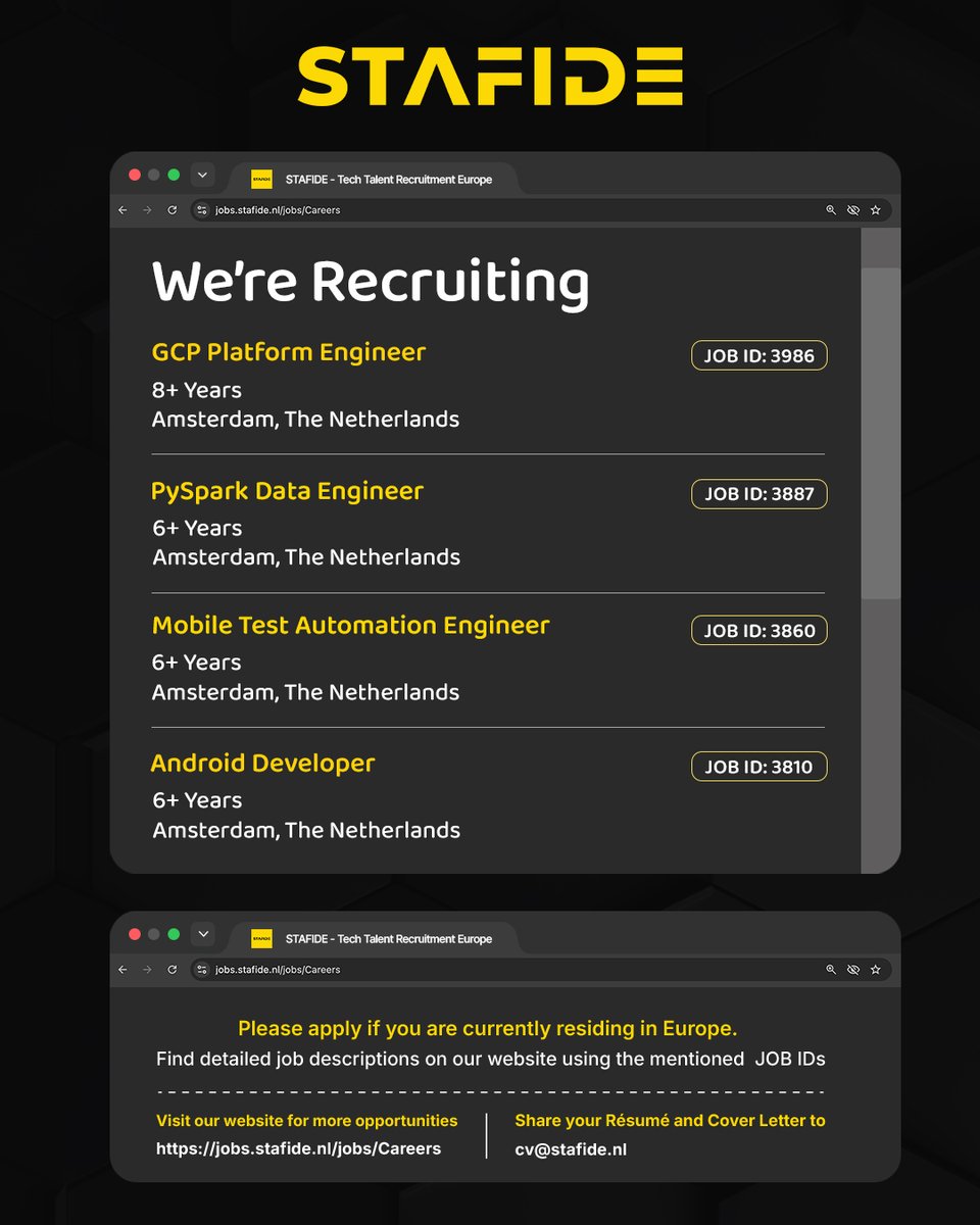 stafide's tweet photo. In-demand technology roles rarely linger on the market. STAFIDE is connecting distinguished engineering talent across Europe in Cloud Platform, PySpark, Mobile Test Automation, and Android. Explore the featured opportunities on our LinkedIn page:https://t.co/7cX8bZp0Jt https://t.co/ZdgskwARTb