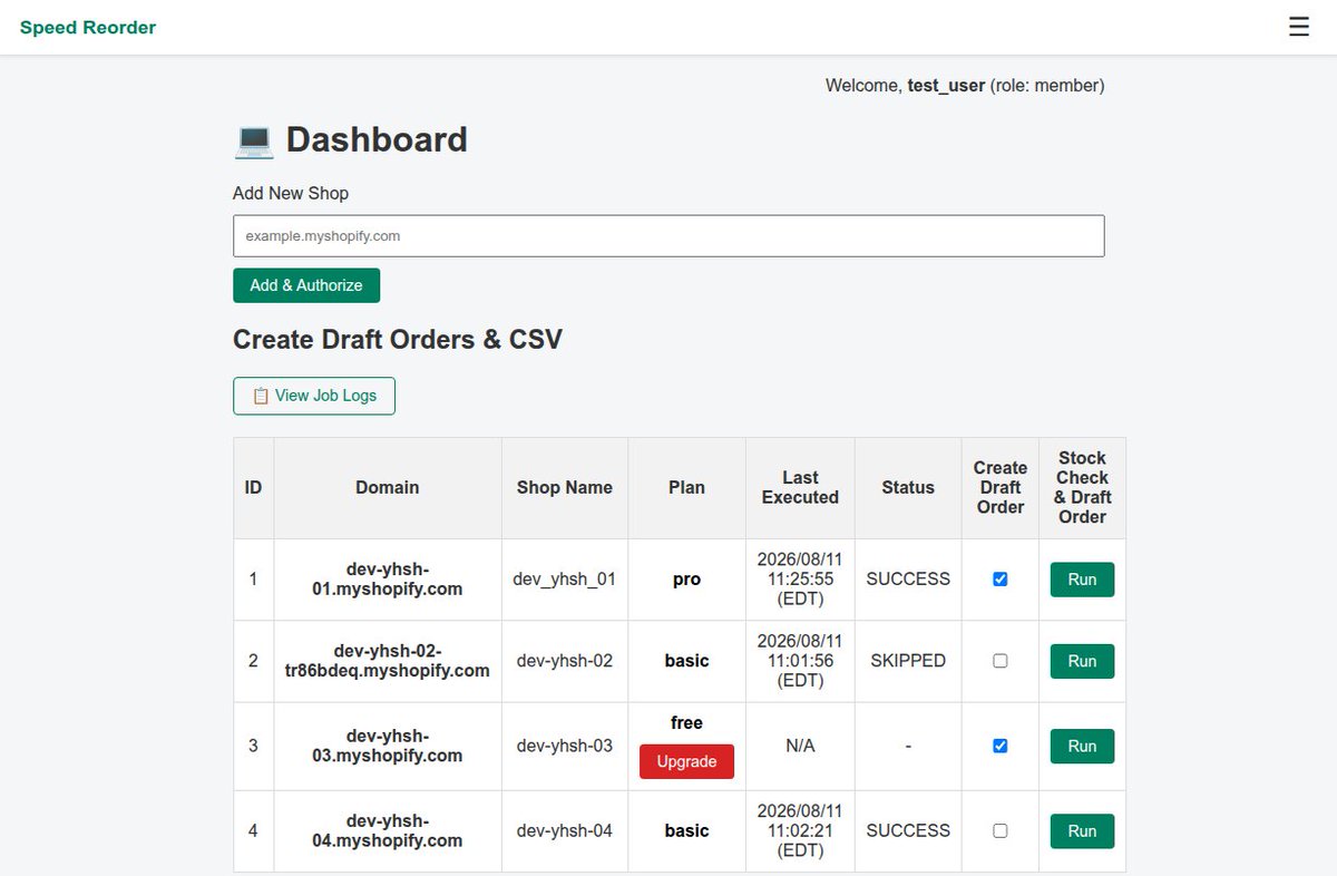 yh0sh's tweet photo. I’m building Speed Reorder - a simple replacement for small Shopify stores.
See what needs reordering, get suggested quantities, and export a purchase list in one click.
Simple reordering. No complex system.
Launching soon.
#Shopify #IndieDev #Stocky #BuildInPublic https://t.co/8IRuChmnyi