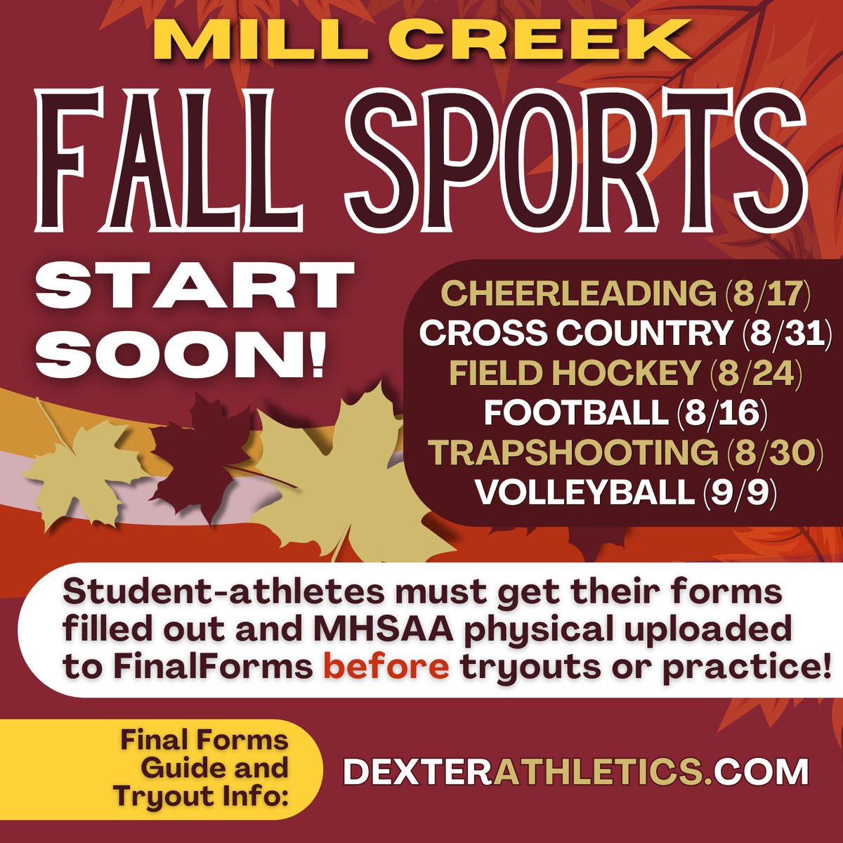 DreadStrong's tweet photo. HS sports are rolling, MS is up next! Before any activity, student-athletes must be cleared on FinalForms. MHSAA physicals must be conducted April 15, 2026 or later in order to be valid.

Detailed tryout information is available at https://t.co/5F8MJ9AmP7 > More... > Parents https://t.co/45juwjL1h3