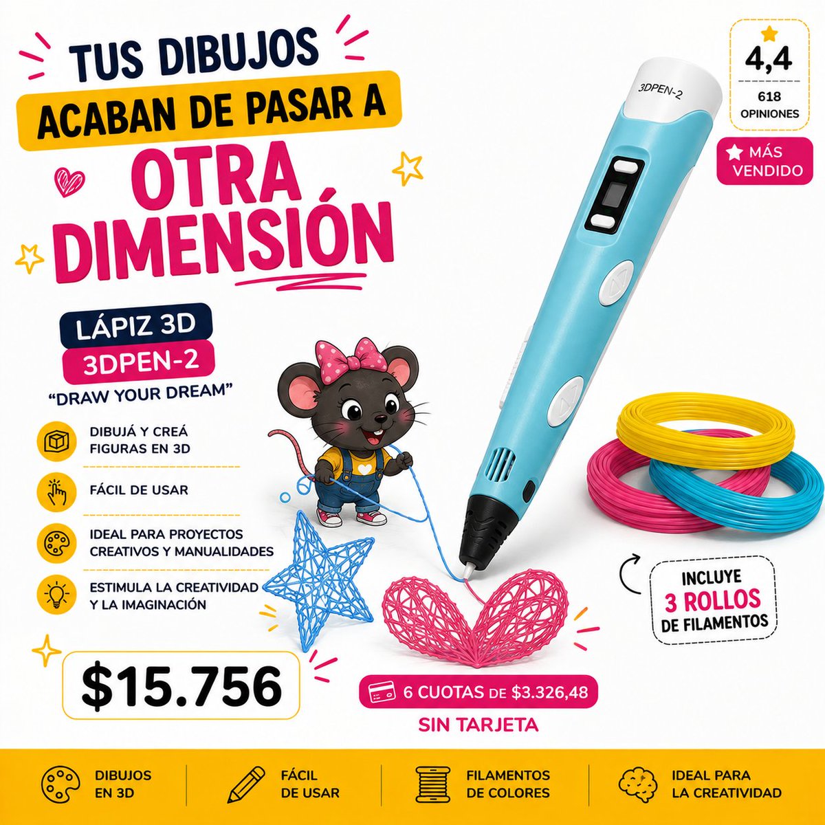 RataMarket's tweet photo. ✏️ ¿Se acuerdan del regalo del Día 3?

Bueno... en casa lo probamos 😍

Mi hija estuvo jugando con el lápiz 3D y la verdad es que está buenísimo para chicos que disfrutan crear, dibujar y hacer cosas con las manos.

🐭 Y como sé que después me van a preguntar por los otros regalos de la cuenta regresiva, armé una lista con todos los productos que fui encontrando hasta ahora 🎁

https://t.co/lFqGqNcps5