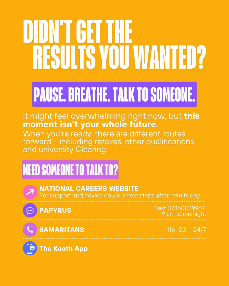 healthybrum's tweet photo. Results Day can bring a LOT of feelings: excitement, nerves, disappointment or relief 💭

 Whatever happens, your results are part of your journey, not a measure of your worth. 

 Swipe for tips on looking after yourself before and on Results Day. https://t.co/vHnSfEduD9