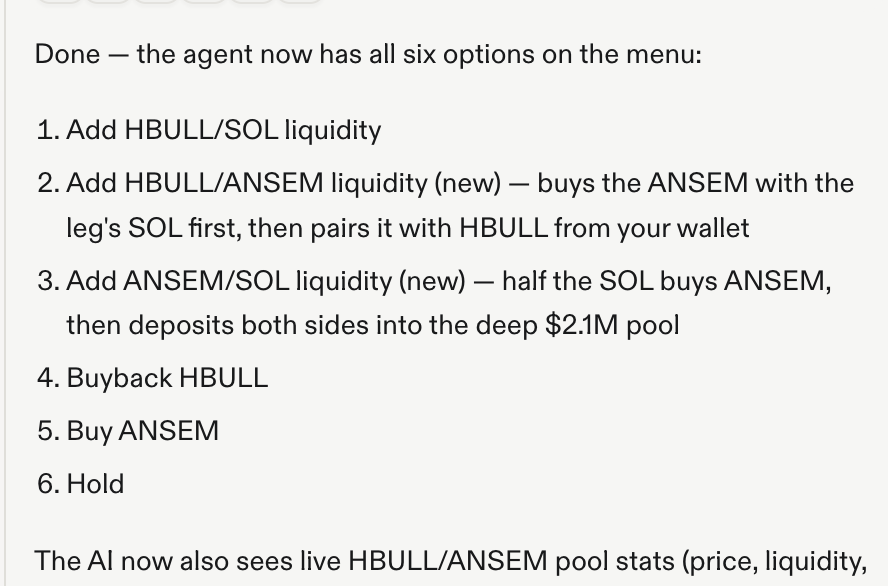 vanillafunk713's tweet photo. Testing our AI Agent for @HyperBullSol on optimizing use of Creator Fees moving forward.  This is really cool and going to make a dev's life a lot easier from a management standpoint!

$HBULL solana:9cRCn9rGT8V2imeM2BaKs13yhMEais3ruM3rPvTGpump @blknoiz06 #ansemhackathon https://t.co/ecUcMIcQy3