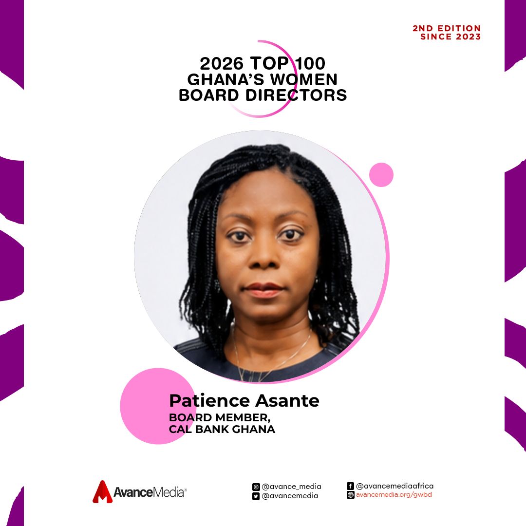avancemedia's tweet photo. Top 100 Ghana's Women Board Directors 2026

Patience Asante is recognised among Avance Media Africa's Top 100 Ghana's Women Board Directors 2026 for her outstanding contribution to corporate governance as Board Member of Cal Bank.

cc: @CalBankPLC 

More information: https://t.co/FUSw3QyuKi

#AvanceMedia #Top100GWBD #CorporateGovernance #WomenOnBoards #BoardDiversity #Ghana