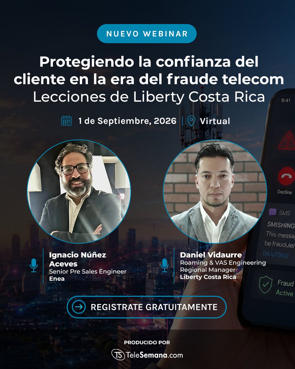 TeleSemana's tweet photo. El #fraude no solo ataca tu red. También ataca la🤝confianza.
Ignacio Nuñez Aceves @EneaAB y Daniel Vidaurre Barahona @liberty_cr compartirán su experiencia y las tecnologías que están ayudando a afrontar este desafío
🔗https://t.co/gUmwInn2Qm
#Ciberseguridad #Smishing #SMSspam https://t.co/jLH2JrtEPc