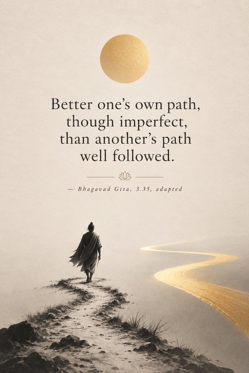 alikamran's tweet photo. «شکست در مسیر خودت بهتر از پیروزی در مسیری است که مال تو نیست.»

“Better one’s own path, though imperfect, than another’s path well followed.”

— Bhagavad Gita, 3.35, adapted https://t.co/e8T2Z96IG5