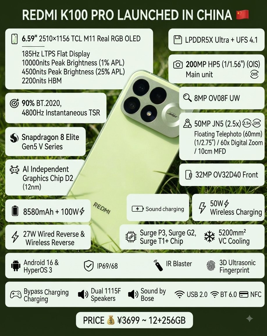 ayansonunigam's tweet photo. ๐จ Redmi K100 Pro launched in China ๐จ
All Specifications ๐
Price ๐ฐ ยฅ3699 ~ 12+256GB
#REDMI #REDMIK100Pro #REDMIK100ProMax https://t.co/PVWlm87VkF