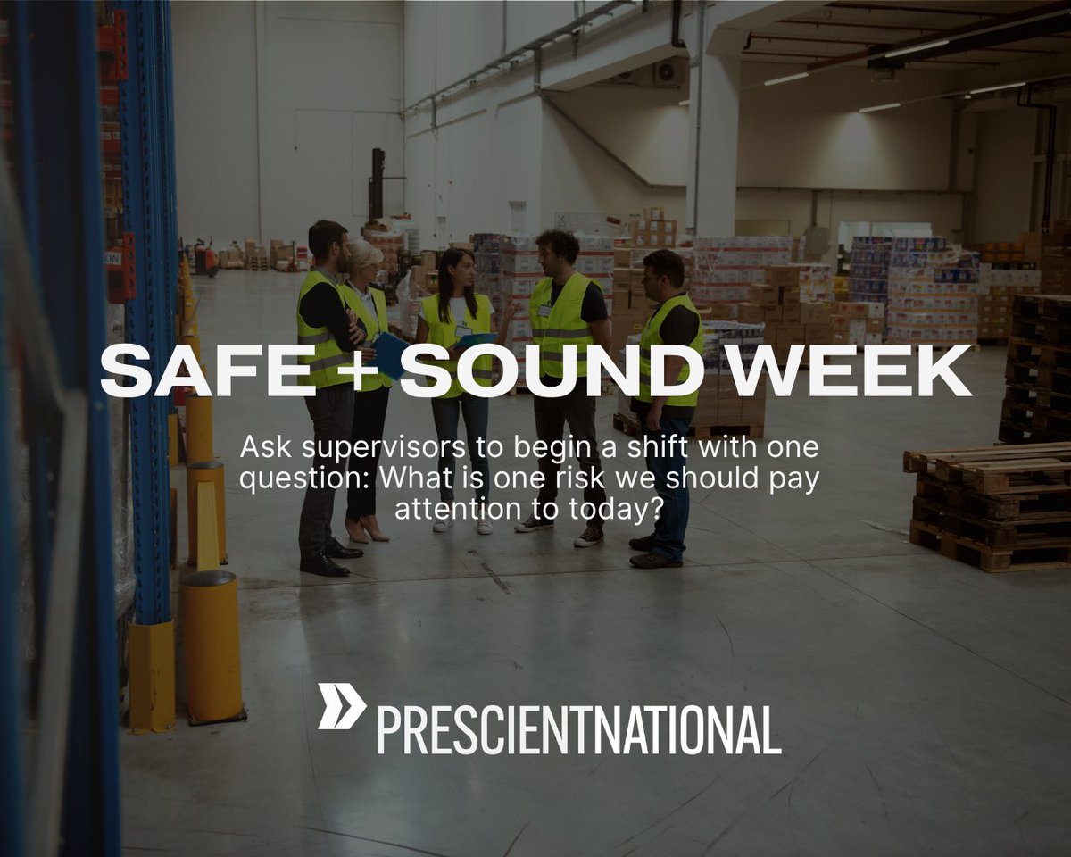 PrescientIns's tweet photo. Today’s #SafeAndSoundWeek tip: Safety starts with leadership. Ask supervisors to start the day with a safety question: “What is one risk we should pay attention to today?”

Read more about leadership &amp; safety: https://t.co/3niVXEo6AK
#WorkplaceSafety #SafetyCulture #LeadWithCare https://t.co/xVnk4hls5Y