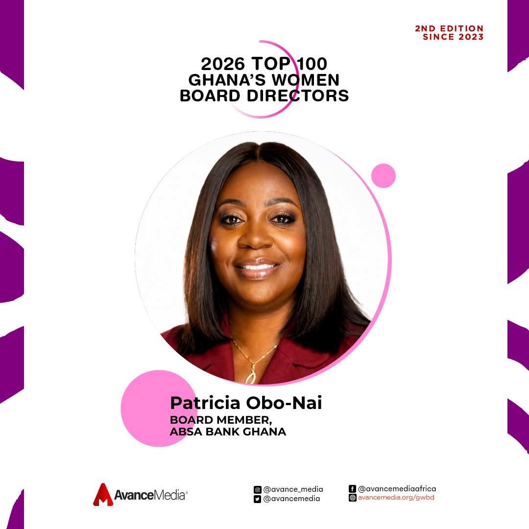 avancemedia's tweet photo. Top 100 Ghana's Women Board Directors 2026

Patricia Obo-Nai is recognised among Avance Media Africa's Top 100 Ghana's Women Board Directors 2026 for her outstanding contribution to corporate governance as Board Member of Absa Bank Ghana.

cc: @PatriciaOboNai | @AbsaGhana, @TelecelGhana 

More information: https://t.co/FUSw3QyuKi

#AvanceMedia #Top100GWBD #CorporateGovernance #WomenOnBoards #BoardDiversity #Ghana